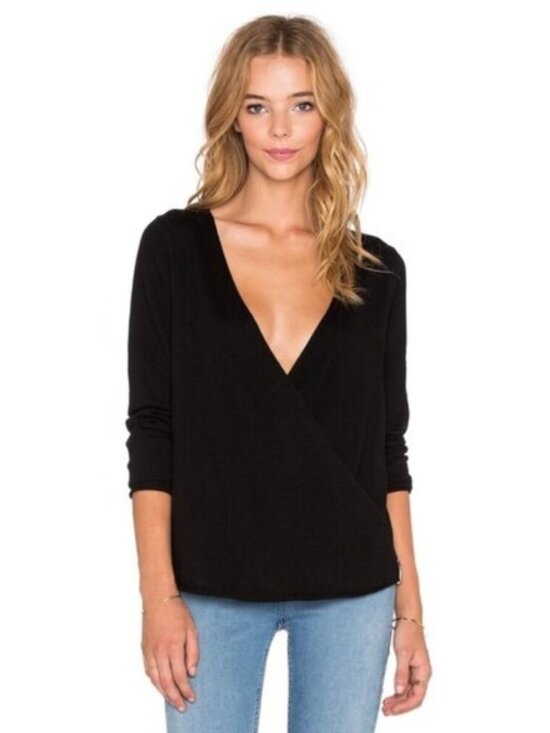 One Teaspoon Women's Sweater Merino Wool Deep V Wrap Surplice neckline Black XS - Picture 2 of 13